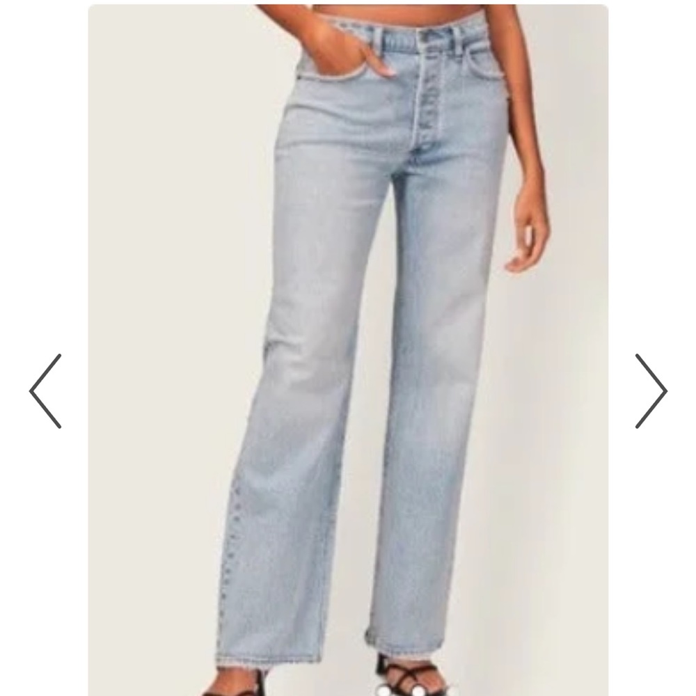 Abercrombie and Fitch, 90s style low rise baggy jeans. A light blue wash.